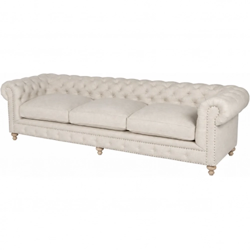 Greenwich 118" Chesterfield Sofa in Tufted Classic Linen & Washed Oak